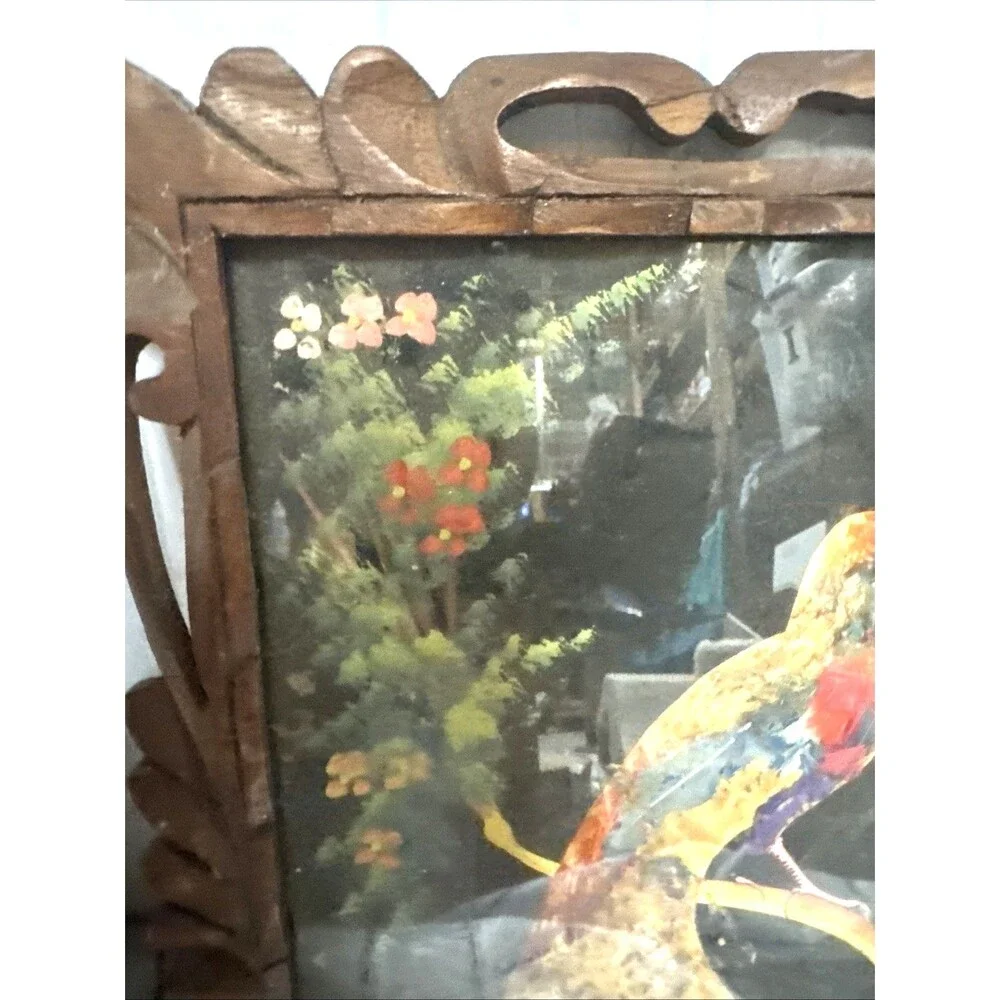 2 VTG Mexican Folk Art Feathercraft Feather Colorful Birds Carved Wood Frame